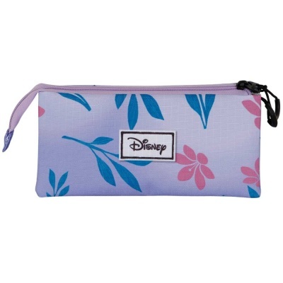Estojo lilás com padrão floral azul e rosa e etiqueta Disney