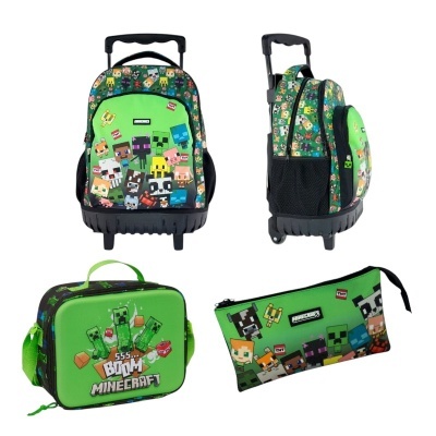 Conjunto de mochila, lancheira e estojo Minecraft verde com personagens do jogo