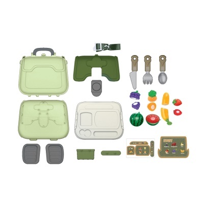 Brinquedo de cozinha portátil com utensílios, pratos e alimentos falsos coloridos