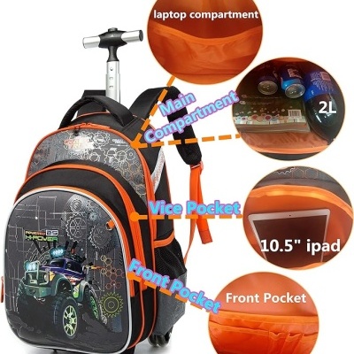 Mochila de rodas infantil preta e laranja com desenho de carro e múltiplos compartimentos identificados