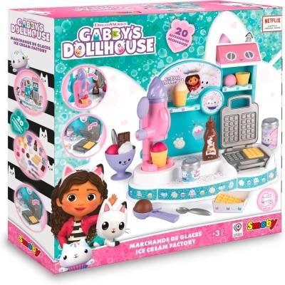 Conjunto de brinquedo fábrica de gelados Gabby's Dollhouse com acessórios coloridos e personagens animadas na embalagem