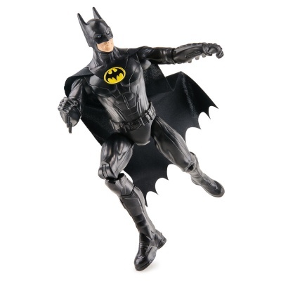 Figura de ação do Batman em pose dinâmica com capa preta e símbolo amarelo