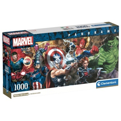 Caixa do quebra-cabeças panorâmico Clementoni Marvel com 1000 peças