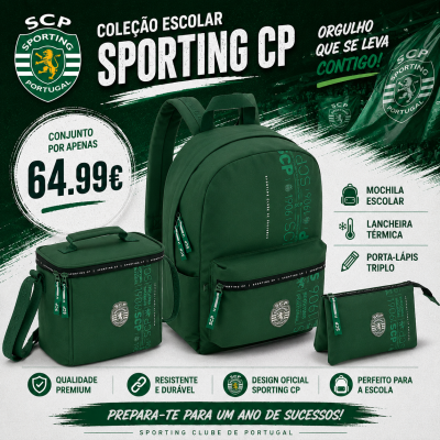 Conjunto escolar Sporting CP com mochila, lancheira e porta-lápis em verde com logo SCP