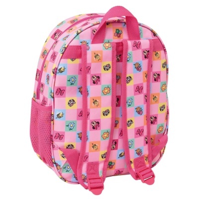 Mochila infantil colorida com padrão quadriculado e personagens, vista pelas costas.