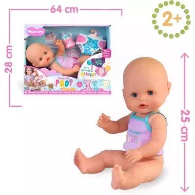 Boneca bebé sentada com roupa roxa e acessórios, embalagem colorida com texto Nenuco Pool e indicação 2+