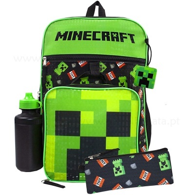 Conjunto de mochila, estojo e garrafa com tema Minecraft verde e preto pixelado