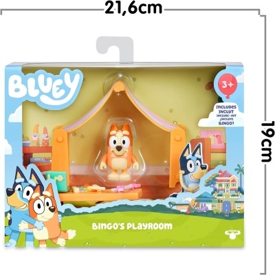 Brinquedo Bluey Bingo's Playroom com figura da personagem dentro da embalagem colorida