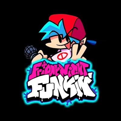 Personagem de desenho animado com boné vermelho e microfone sobre texto colorido Friday Night Funkin