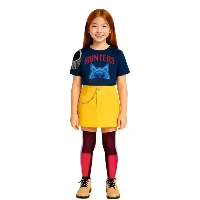 Camisola azul com texto HUNTERS e saia amarela em criança com collants e botas.