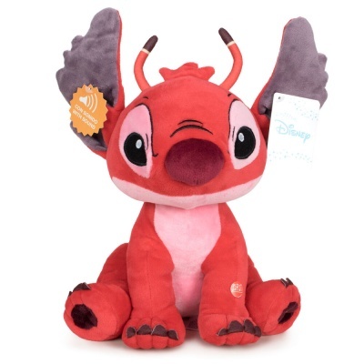 Pelúcia Stitch vermelha e rosa com orelhas grandes roxas e etiquetas Disney