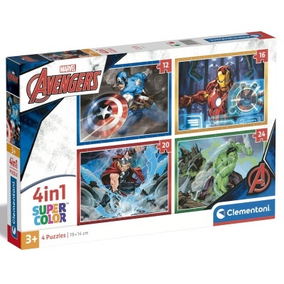 Caixa de puzzles Avengers 4in1 Clementoni para crianças com 4 puzzles coloridos.