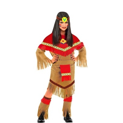 Fato infantil feminino estilo indígena castanho com franjas e detalhes vermelhos