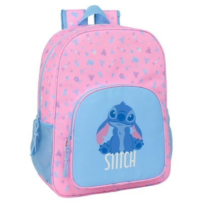 Mochila infantil rosa e azul com desenho do personagem Stitch