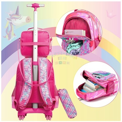 Mochila de rodas rosa com padrão de lantejoulas coloridas e detalhes em tons pastel