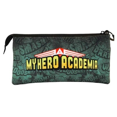 Estojo de tecido verde escuro com padrão e texto 'MY HERO ACADEMIA' em amarelo.