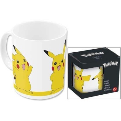 Caneca branca decorada com vários Pikachus e embalagem preta com logo Pokémon.