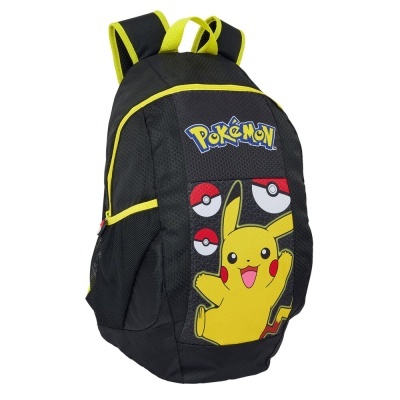 Mochila preta com estampa de Pikachu e Pokébolas, alças amarelas e pretas