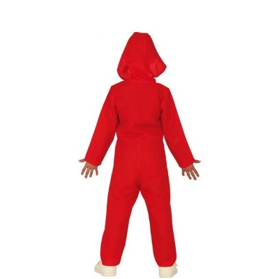 Macacão vermelho com capuz visto de costas