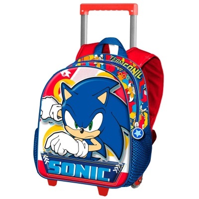 Mochila de rodas infantil com imagem do Sonic em azul, vermelho e branco