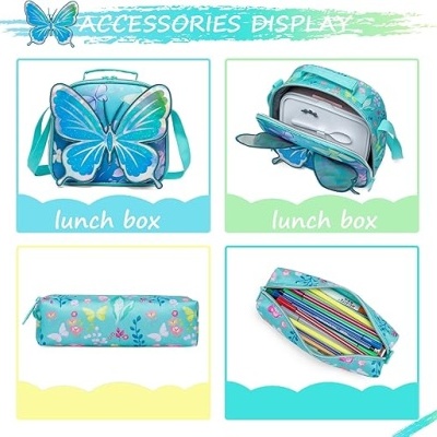 Conjunto com caixa de almoço azul com borboleta e estojo azul floral colorido por dentro