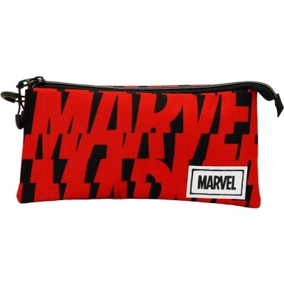 Estojo vermelho e preto com texto Marvel branco