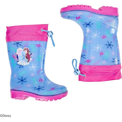Botas azuis e rosas de borracha com personagens Elsa e Anna e padrão de flocos de neve