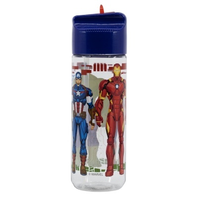 Garrafa infantil transparente com tampa azul e bico vermelho com estampas Marvel