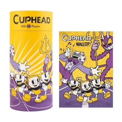 Puzzle Cuphead 500 peças com ilustração colorida de personagens em amarelo e roxo