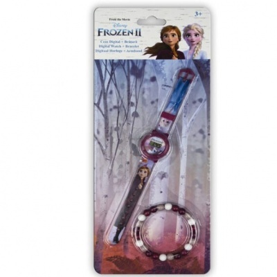 Relógio digital Frozen II com pulseira e pulseira de contas em embalagem de cartão