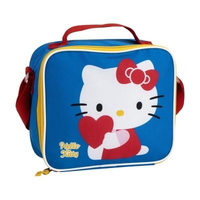 Lancheira azul com personagem Hello Kitty e detalhes vermelhos e amarelos