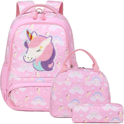 Conjunto de mochila rosa infantil com estampa de unicórnio, lancheira e estojo