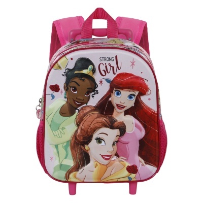 Mochila infantil rosa com personagens de desenhos animados e texto 'STRONG Girl'