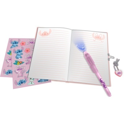 Caderno aberto com personagens Stitch, caneta rosa com luz e autocolantes