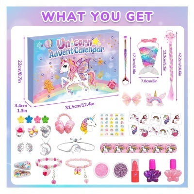 Calendário do advento Unicorn com acessórios e brinquedos coloridos em tema unicórnio.