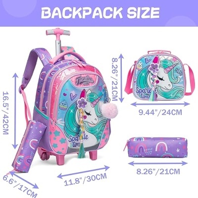 Conjunto mochila infantil com carrinho, estojo e saco com unicórnio e arco-íris