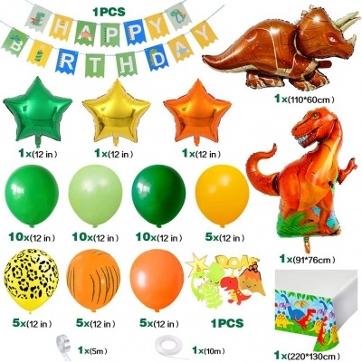 Conjunto de balões festa dinossauros coloridos e acessórios em fundo branco