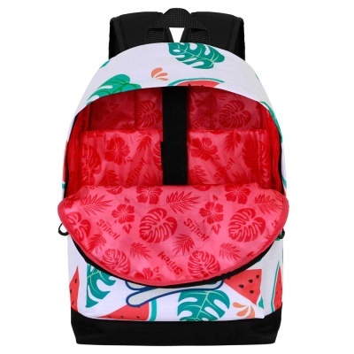 Mochila colorida aberta com interior vermelho com padrão floral e texto 'STICKY'.