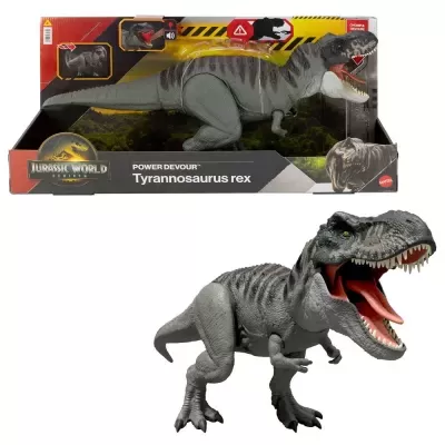 Boneco de dinossauro Tyrannosaurus rex cinzento com boca aberta em frente à embalagem.