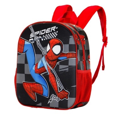 Mochila infantil Spider-Man com cores vermelho, azul e preto e padrão quadriculado.