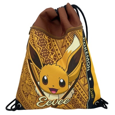 Mochila de cordão com ilustração do Pokémon Eevee e padrão tribal castanho e amarelo