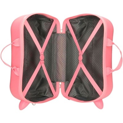 Mala de viagem cor-de-rosa aberta a mostrar interior preto com pontos e cintas elásticas