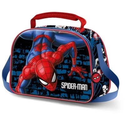 Lancheira infantil com design do Spider-Man em azul, vermelho e preto