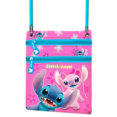 Bolsa de ombro rosa com personagens Stitch e Angel e flores, fechos azuis com puxadores de osso