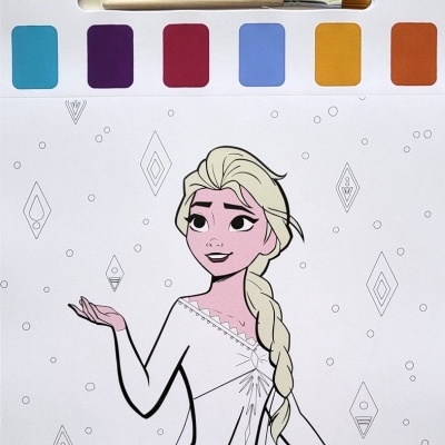 Livro de colorir com personagem Elsa da Disney e conjunto de tintas coloridas com pincel