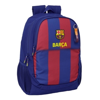 Mochila azul com riscas vermelhas e texto BARÇA, emblema FC BARCELONA