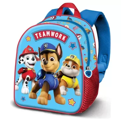 Mochila infantil azul com personagens animados da Patrulha Pata e texto TEAMWORK
