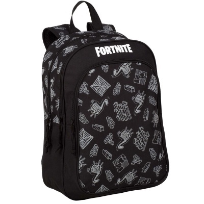 Mochila preta com padrão cinzento e escrita FORTNITE branca