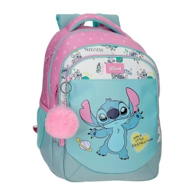 Mochila azul e rosa com estampa da personagem Stitch e pompom rosa
