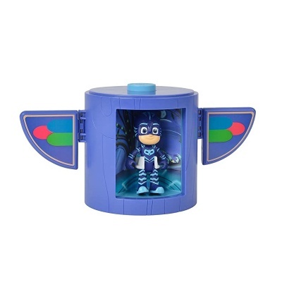 Brinquedo azul com figura de ação e portas laterais abertas